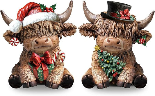 Karenhi 2 Pcs Highland Cow Figurines Christmas Poinsettia Candy Cane Tree Highland Cow Gnomes Scottish Resin Statue Calf Lovers Gifts for Xmas Home Garden Kitchen Office Tiered Tray Table Decor