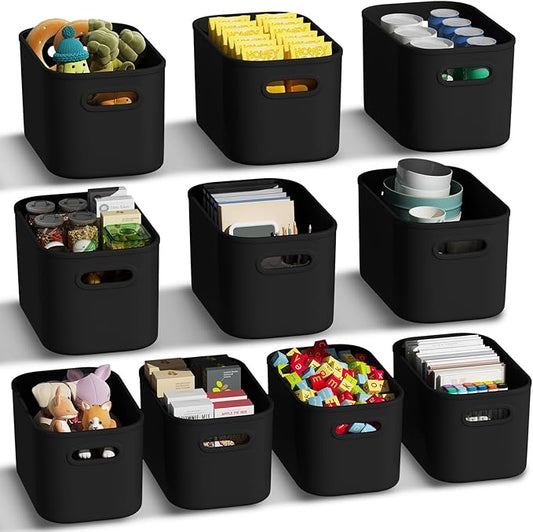 10 Pack Black Plastic Storage Bins, Storage Container for Organizing, Storage Boxes with Handle for Shelves, Cute Organizer Bins for Craft, Snacks, Pantry, Cabinet, 9.69x6.7x5.7 inch