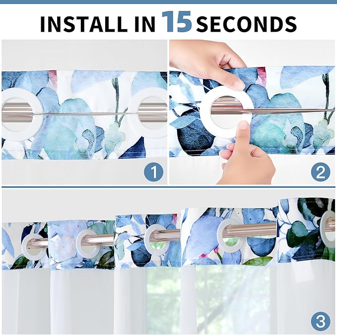 QiyI No Hook Shower Curtain with Snap in Fabric Liner, Blue Eucalyptus Shower Curtain with See Through Top Window, Waterproof Washable Cloth Ringless Shower Curtain Set for Bathroom, 72 x 75