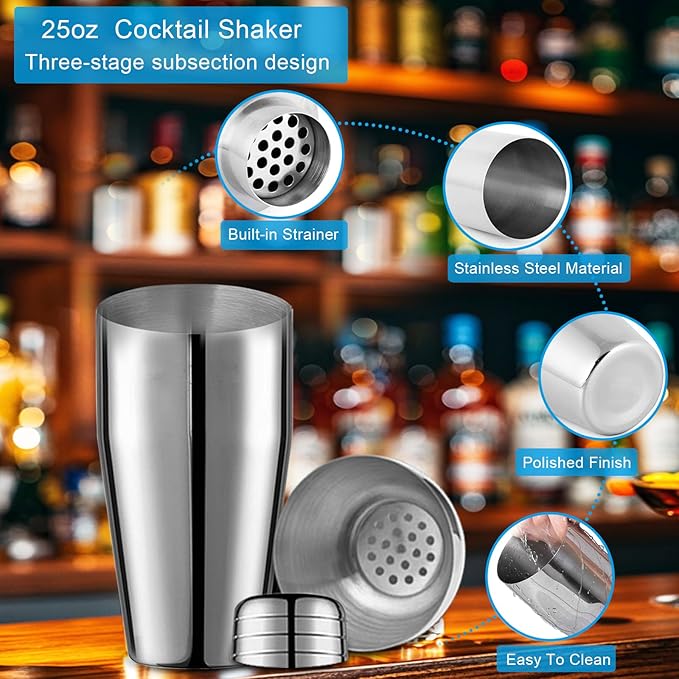 Cocktail Shaker Set with Stand,Cocktail Kit,Bartender Kit with 10 Piece Bar Tool Set,Matini Shaker,Mixing Spoon,Jigger,Strainer,Muddler,Corkscrew for Barware Set and Other Bar Tools (Black Bamboo)
