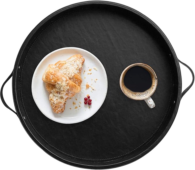 HofferRuffer PU Leather Round Serving Tray with Handles, Decorative Catchall Vanity Coffee Tray, Faux Leather Ottoman Tray for Home Or Office, Diameter 14.6-inch (Black)