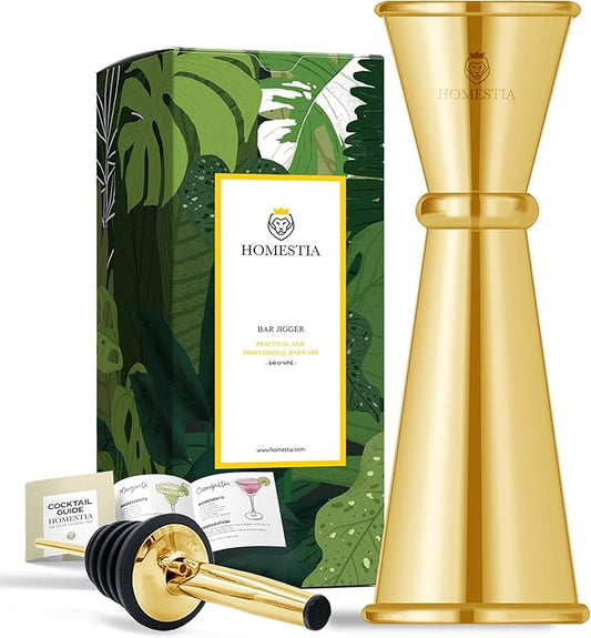Homestia Japanese Jigger, Measurements Inside, Stainless Steel Cocktail Double Jigger for Bartending, Drink Measuring Cup, Premium & Heavy-Duty 2 oz 1 oz Bartender Tools (Gold)