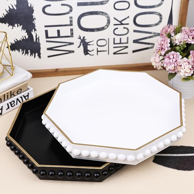 White Serving Tray for Coffee Table, Octagonal Beaded Plastic Decorative Tray for Ottoman, Kitchen Counter, Living Room, Outdoor Lacquer Tray for Entertaining
