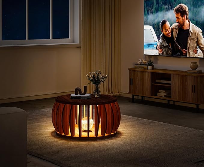 Drum Coffee Table with Storage,31.5” Wood Round Coffee Table,Farmhouse Pumpkin-Shaped Center Table for Living Room Home Office (Walnut)