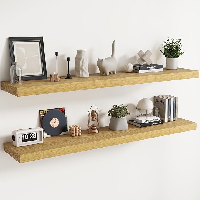 Floating Shelves for Wall with Invisible Brackets, Wall Mounted Engineered Wood Shelves with Wood Grain for Living Room, Bedroom, Bathroom, Kitchen Decor and Storage, Oak, 71"L Set of 2, Oak