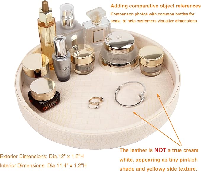 HofferRuffer Faux Leather Round Serving Tray, Vegan Croco Leather Decorative Tray, Food Tray for Storage Drinks, Snack & Cosmetics, Dia.12'' x 1.6'' (CreamWhite/Tiny Yellow)