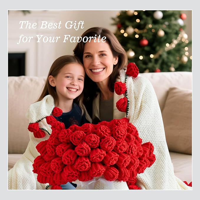 Flower Bouquet Blanket Gifts for Mom Grandma Wife Girlfriend,Completed Crochet Flower Blanket,Soft Knitted Throw Blankets,Gifts for Her Christmas Birthday Anniversary (Red Roses)