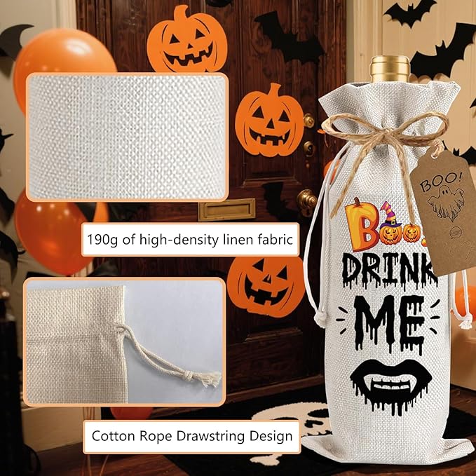 1Pcs Drink Me Gifts Wine Bag, Happy Halloween Wine Bag Halloween Party Decorations with 1Pcs Kraft Blessing Cards and natural jute rope
