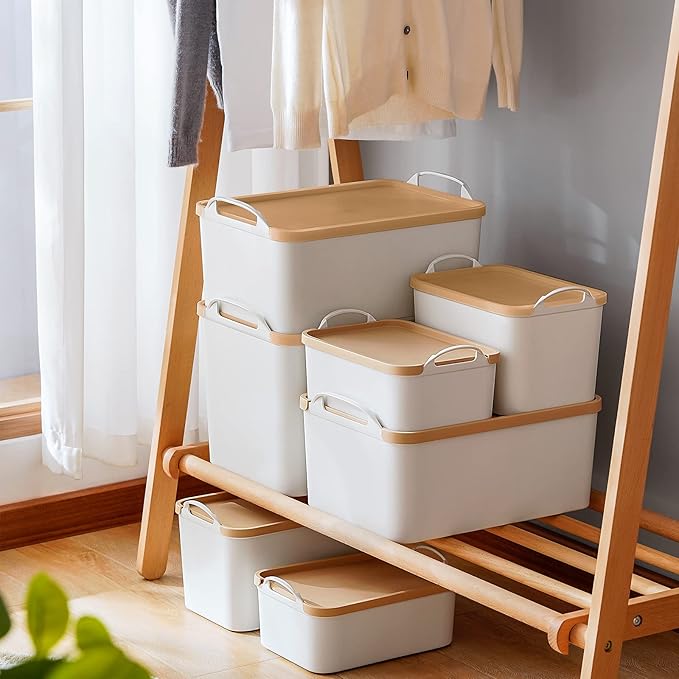 ANMINY 5PCS Plastic Storage Bins Containers with Lids, Large White Storage Organization Bins Boxes, Lidded Plastic Storage Baskets for Closet Shelves Drawers Desktop - 2 Medium 3 Small, Wheat Lids