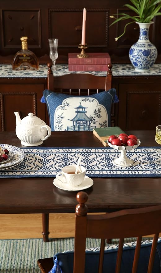 Chinoiserie Small Blue Stripe Cloth Runner for Table,Decorative Linen 63 Inches Long Table Runners,Decor Tabletop for Kitchen,Dining,Party,Home,Christmas,12"*63"