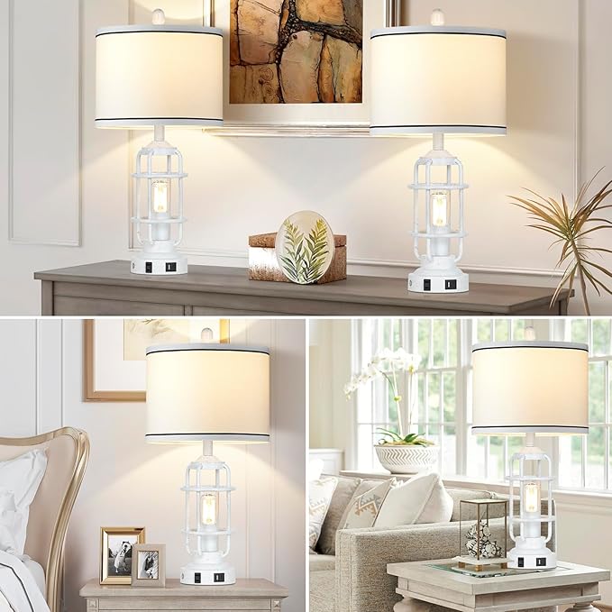 Farmhouse Lamps Set of 2, White Vintage Rustic Industrial Lamps with USB A+C Charging Ports & AC Outlet, 3 Way Dimmable Touch Control Table Lamp with LED Night Light for Living Room Bedrooms Office