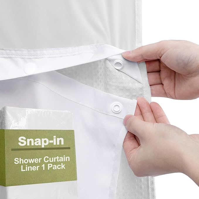 YellyHommy Waterproof Fabric Snap in Shower Curtain Liner Replacement with 2 Magnets 71" W x 66" L for 72" W x 87" L No Hook Shower Curtain - Removable & Detachable to Wash - White