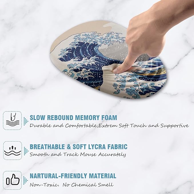 Ergonomic Mouse Pad Wrist Rest, Japanese Sea Wave Mouse Pad with Wrist Support, Memory Foam Massage Design & Non-Slip PU Base MousePads for Pain Relief, Desk, Office, Home, Kanagawa Wave