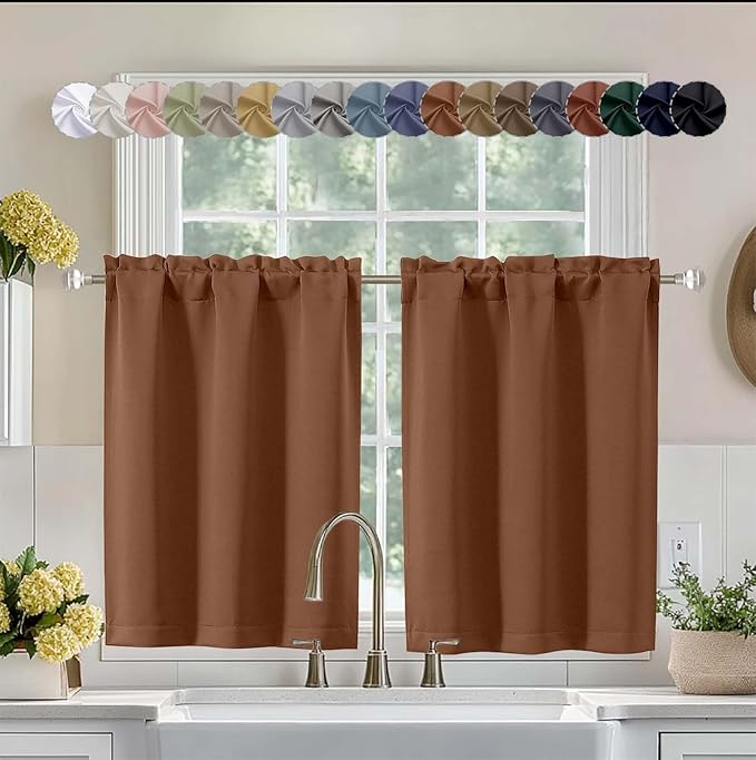 Aiyufeng Sun Baked Short 36 Inches Blackout Curtain 2 Panels Set, Half Window Rod Pocket Privacy Curtain Tiers for Kitchen, Curtains Blackout for Bathroom Shades, W40 x L36 Inch, Sun Baked