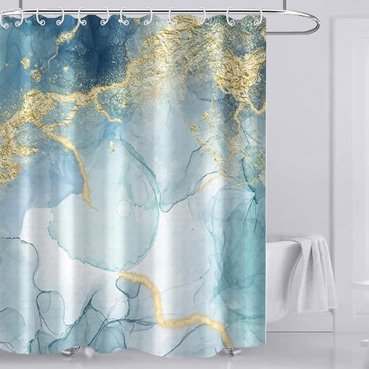 AWERT Teal Marble Shower Curtain for Bathroom Waterproof Quick-Drying Modern Abstract Shower Curtain Set with Hooks 72x84 Inch