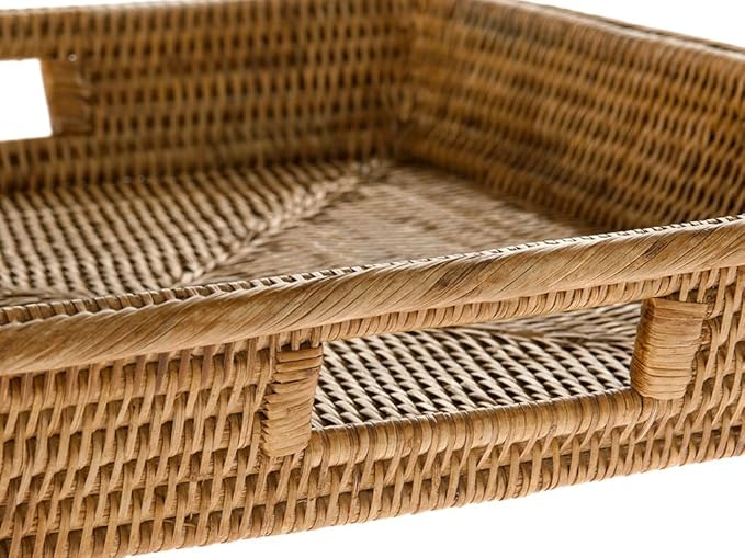KOUBOO La Jolla Rattan Square Serving Baskets & Trays -Table Tray, Organize Your Home, Storage Tray for Kitchen, Dining & Coffee Tables, Honey Brown, 17.5" x 17.5" x 2.75"