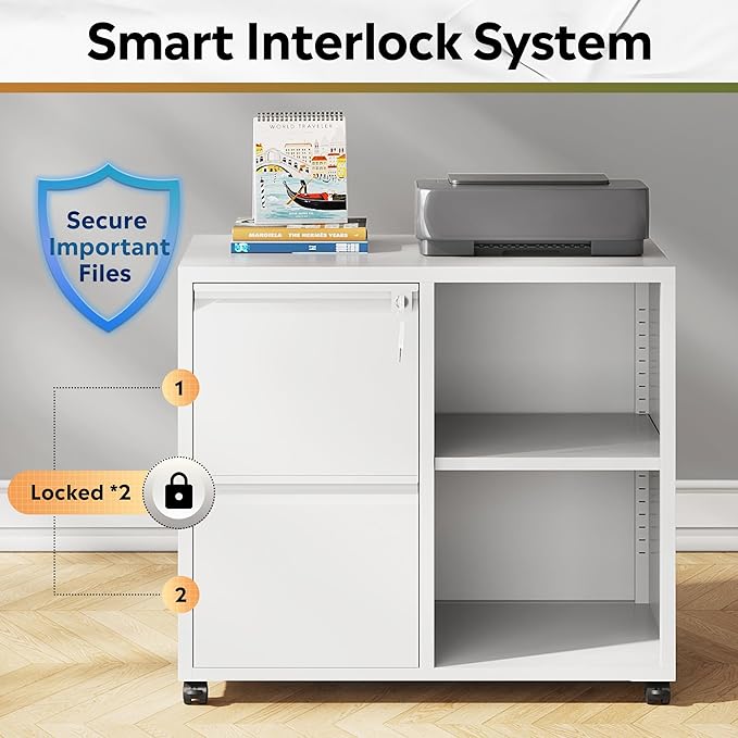 DEVAISE Metal Lateral File Cabinet with Lock, 2 Drawer Mobile Filing Cabinet with Shelf, Rolling Printer Stand fits Letter/A4 Size for Home Office, White
