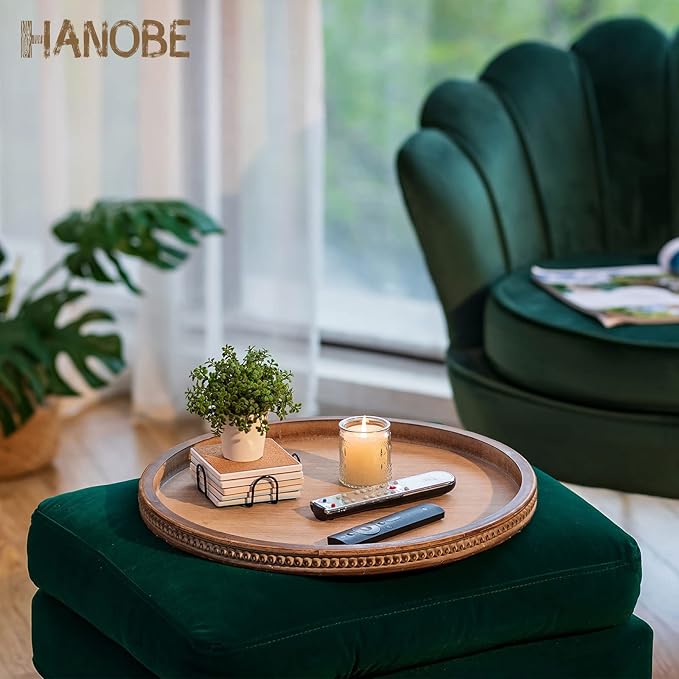 Hanobe Large Round Decorative Tray: Coffee Table Beaded Trays Rustic Wood Trays Decor Farmhouse Ottoman Circle Vintage Centerpiece Wooden Serving for Living Room Home for Counter, Brown