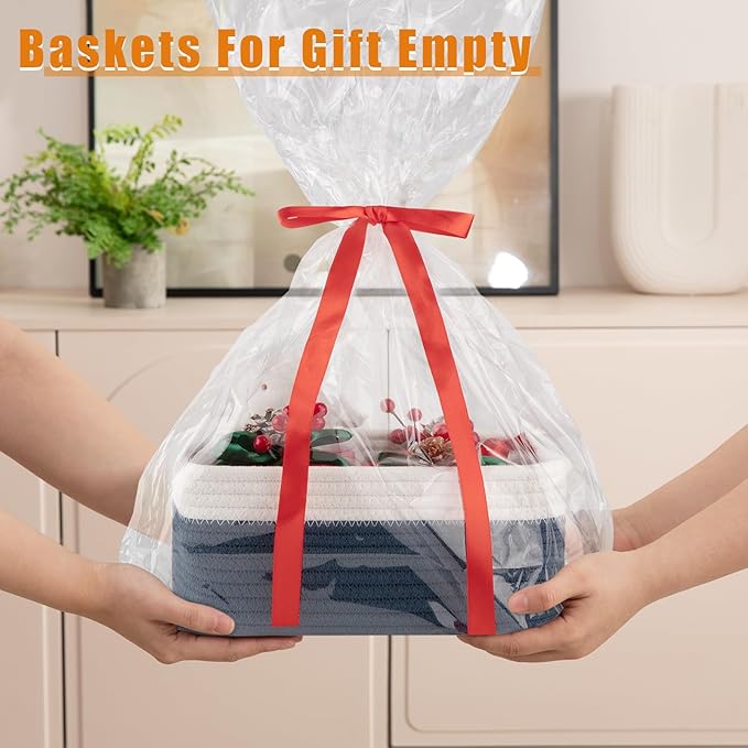 OIAHOMY 4 Pack Storage Baskets for Organizing, Small Bins for Shelves, Cute Decorative Storage Bins, Organizer Baskets for Gifts Empty, 11.8''Lx7.8''Wx4.7''H, Blue/White