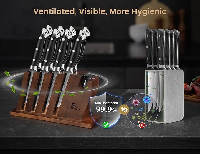 Steak Knives Set of 8 with Block Built-in Sharpener, 4.8 Inch Non Serrated Razor-Sharp Durable Dinner Knives, German Stainless Steel Damascus Pattern Full Tang Forged, Easy to Maintain