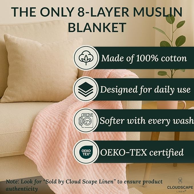 Cloud Scape Linen Extra Large 8-Layer Muslin Throw Blanket, 100% Cotton Gauze Blanket for Couch, Sofa, Bed, Lightweight, Suitable for All Season,50x70, Seashell Pink