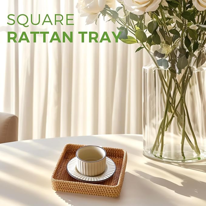 Rattan Serving Tray, Square Woven Storage Basket, Wicker Baskets for Organizing, Natural Wicker Decorative Serving Baskets for Organizing Tabletop Bathroom Kitchen Counter Square