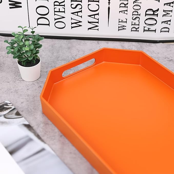 Orange Octagonal Serving Tray with Handles for Coffee Table, Plastic Decorative Tray for Ottoman, Kitchen Counter, Living Room, Outdoor Lacquer Tray for Entertaining