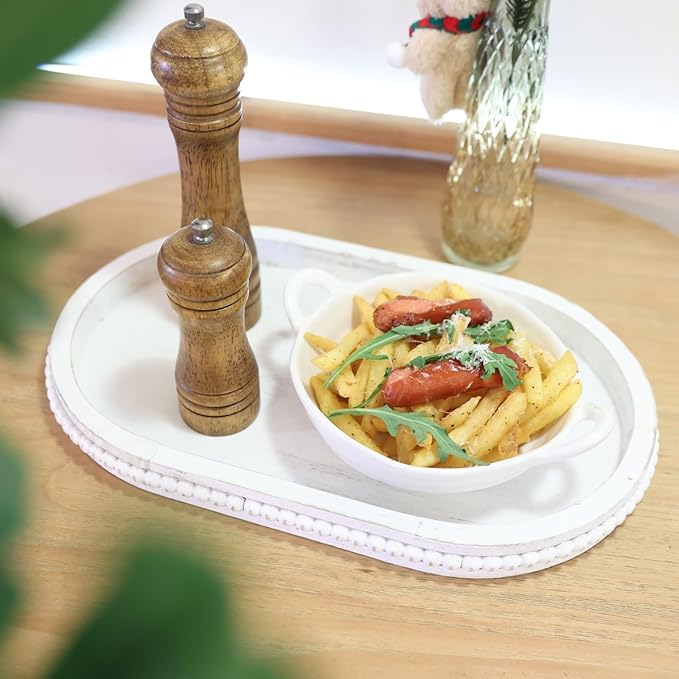 Oval Wood Serving Tray with Wooden Beads, Outdoor Farmhouse Decorative Tray for Ottoman, Coffee Table, Kitchen Counter Organizer, Home Decor(Whitewashed)