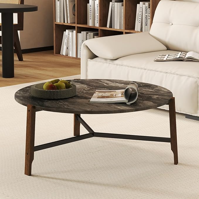 HEAH-YO Round Coffee Table, 36” Wooden Coffee Tables for Living Room, Modern Corner Table for Small Spaces, Black