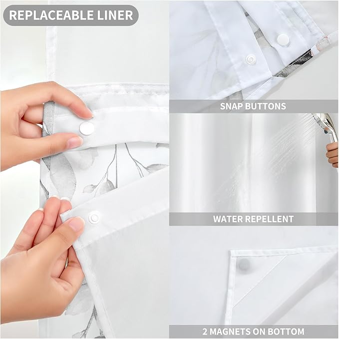 QiyI No Hook Shower Curtain with Snap in Fabric Liner, Grey Eucalyptus Shower Curtain with See Through Top Window, Waterproof Washable Cloth Ringless Shower Curtain Set for Bathroom, 36 x 75