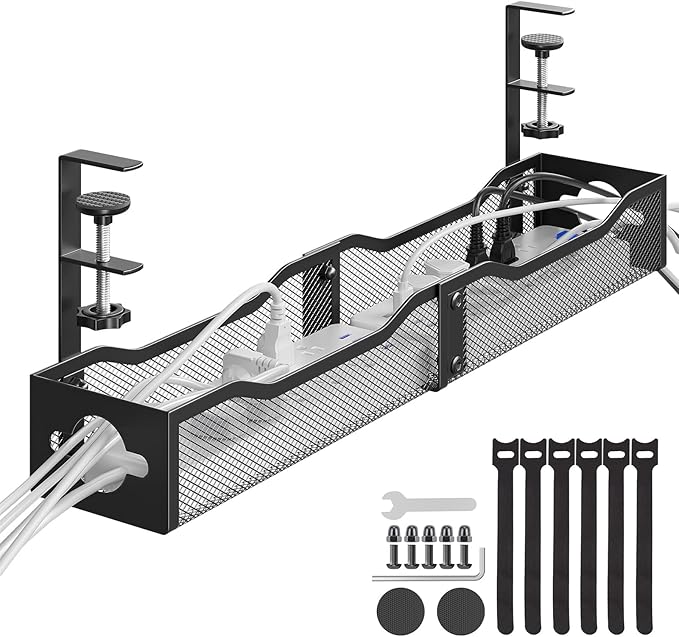 DELAMU 25'' Upgraded Under Desk Cable Management, No Dill Desk Cable Management with F-Clamp, Metal Cable Management Tray to Cord Organizer for Home Office, 1 Pack, Black