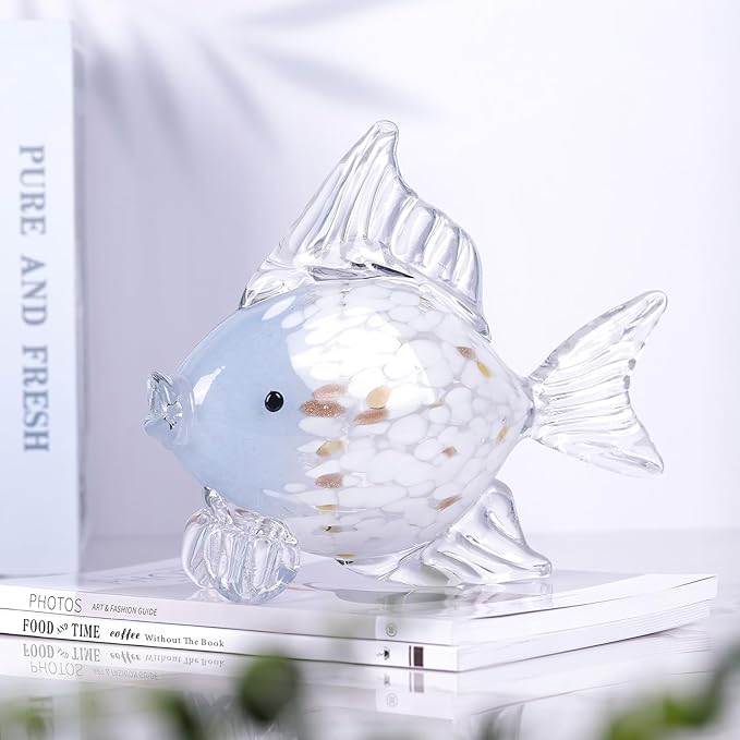 9.4 in Blown Colored Glass Fish Statue, Blue Glass Fish Paperweight Sculpture for Modern Home Decor, Living Room Coffee Table, Office Desk, Dining Table Centerpiece (C)