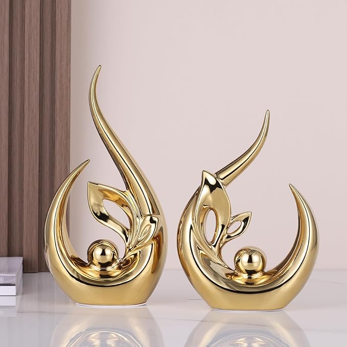 9.4" H Bright Gold Abstract Sculptures Home Decor, Ceramic Art Statue Cool Stuff to Put on Shelves&tv Stand Decor, Gold Accent Entertainment Center, for Fireplace Coffee Table Dining Table Decorate
