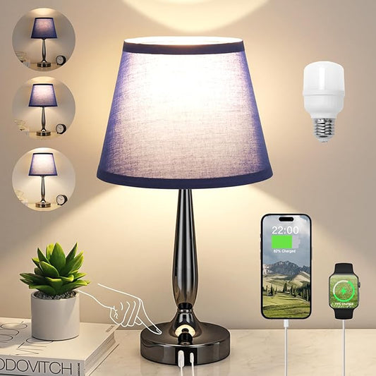 Kakanuo Touch Bedside Lamp for Bedroom with USB C Port, Small Touch Table Lamp with 2 USB Charging Ports, 3 Way Dimmable Nightstand Lamp for Living Room and Office - Royal Blue (LED Bulb Included)