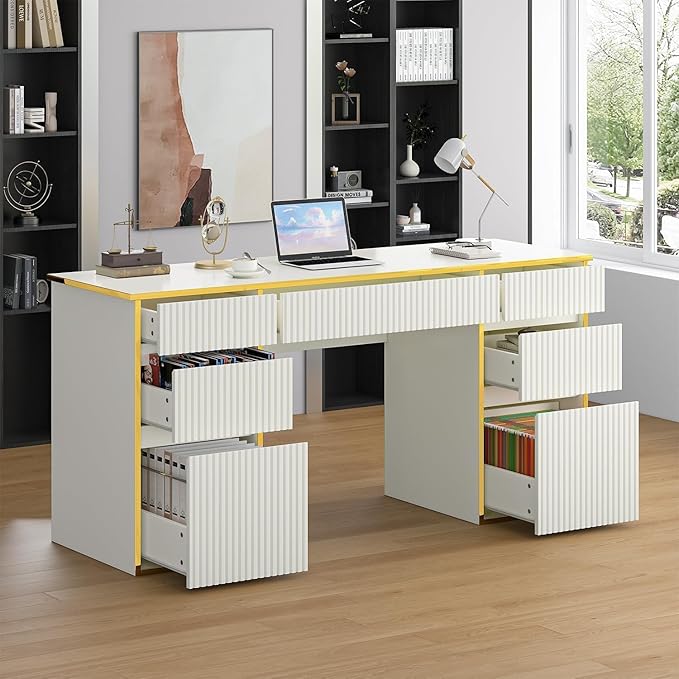 58 Inch White Desk with Drawers, Home Office Desk with 7 Drawers, Fluted Computer Desk with File Drawers for Study, White and Gold Executive Desk for Living Room, Bedroom