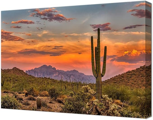 Sunset in the Sonoran Desert Wall Art for Living Room Bedroom Bathroom Home Decorations Cactus Picture Poster Canvas Prints Desert Artwork Framed Ready to Hang(24''H x 36''W)