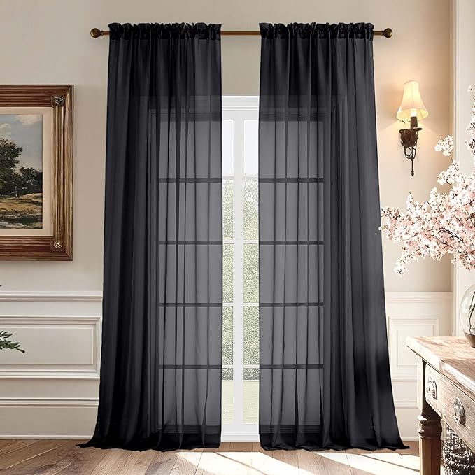 Aiyufeng Voile Sheer Black Curtains - Transparent Light Weight Soft Window Treatment Curtain Panels with Rod Pocket Top for Patio Door/Living Room (W59 x L96, 2 Panels), Black