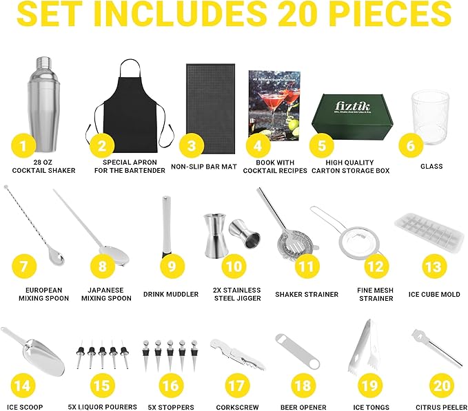 Bartender Kit – 5-Piece Stainless Steel Cocktail Shaker Set for Home & Bar – Drink Mixing Set with Accessories