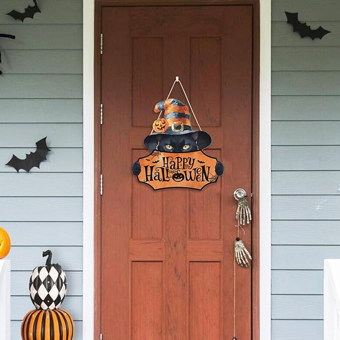 HPNIUB Black Cat Halloween Plaque, Rustic Witch Hat Pumpkins Wood Hanger for Home, Cute & Scary Wooden Sign for Halloween Party Front Door Decor