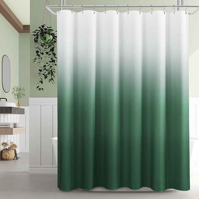 Emerald Green Ombre Shower Curtain, Green and White Ombre Linen Textured Bath Decor Textured Fabric Shower Curtain for Bathroom, Hotel Quality, 72x72