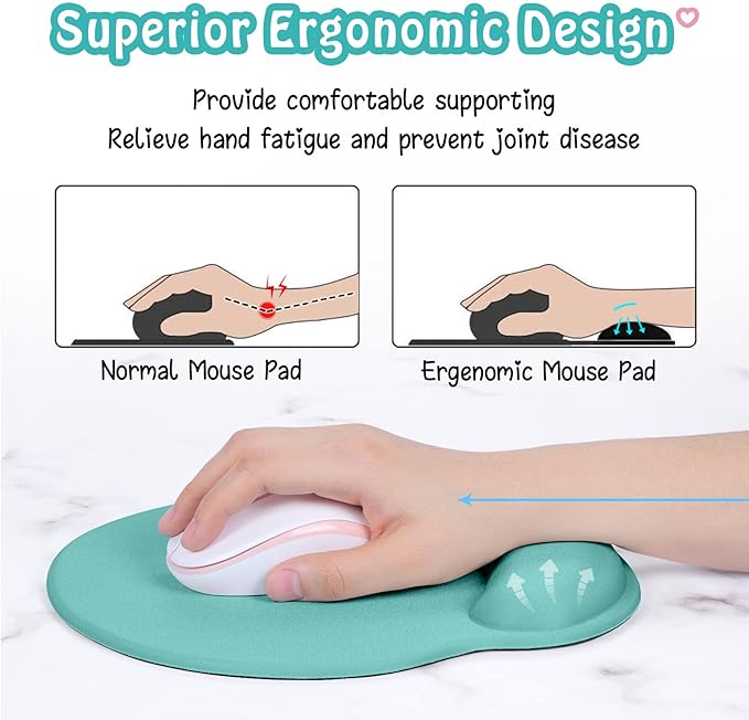 Hsurbtra Ergonomic Mouse Pad with Wrist Rest Support, Gel Mouse Pads with Non-Slip PU Base, Pain Relief Memory Foam Computer Mat, Cute Office Supplies Desk Decro Accessories, Malachite Green