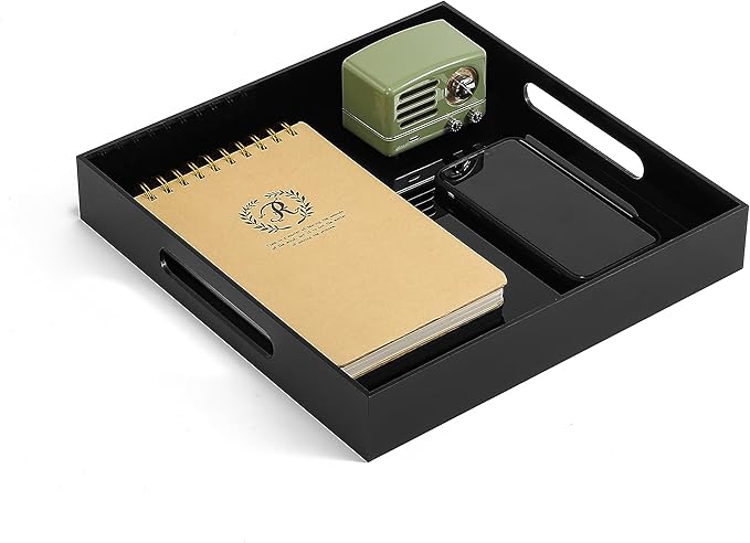 Glossy Black Sturdy Acrylic Serving Tray with Handles-12x12 Inch-Serving Coffee,Appetizer,Breakfast,Butler-Kitchen Countertop Tray-Makeup Drawer Organizer-Vanity Table,Ottoman Tray-Decorative