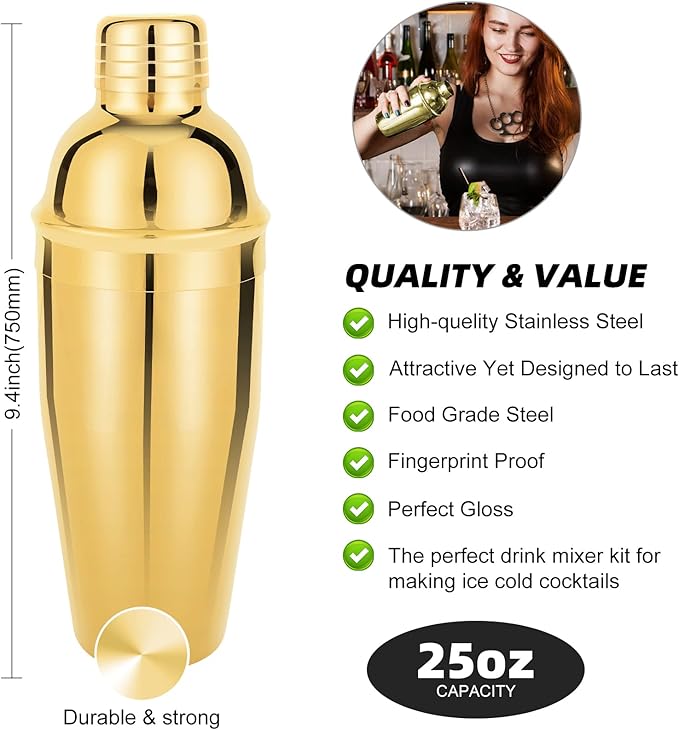 23 Piece Cocktail Shaker Set Bartender Kit with Acrylic Stand & Cocktail Recipes Booklet, Professional Bar Tools for Drink Mixing, Home, Bar, Party (Include 4 Whiskey Stones) - Gold