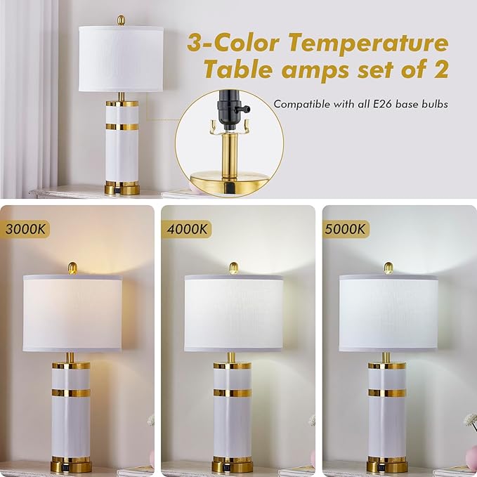 Ceramic Gold-Plated Decorative 28" Table Lamps Set of 2 with E26 Socket&Rotary Switch,USB A+C Ports,Modern Bedside Lamps for Nightstand,Bedroom,Living Room,Decoration,Office(Bulbs Included)