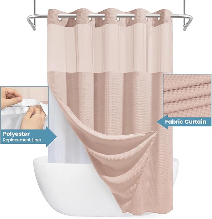 Blush Pink No Hook Shower Curtain with Snap in Liner,230GSM Waffle Weave Shower Curtains for Bathroom,71W x 74H