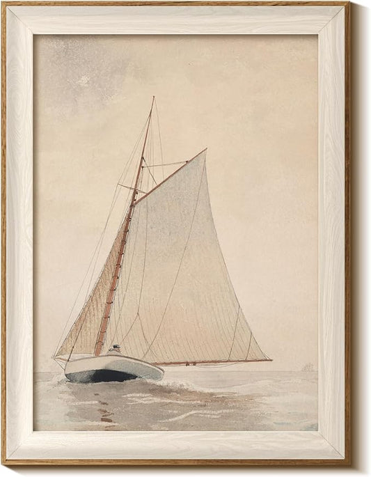 InSimSea Framed Canvas Wall Art of Large Coastal Sailboat - Classical Art for Living Room and Bedroom, White Sailboat Sea Painting, Home Decor Artwork 12x16In