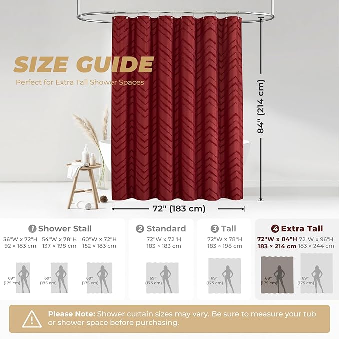 84inches Extra Long Burgundy Shower Curtain Boho Farmhouse Shower Curtain 72 x 84 Tufted Chevron Textured Minimalist Shower Curtains for Bathroom