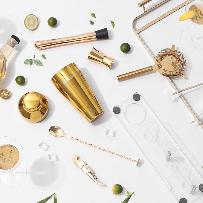 Cocktail Shaker Set with Arcylic Stand, Mixology Bartender Kit for Drink Mixing | Mixology Set with 7 Bar Set Tools Cocktail Kit (Gold)