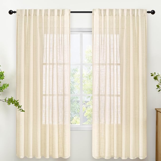 YoungsTex Beige Linen Semi Sheer Curtains 72 Inch Length for Living Room, Cream Light Filtering Window Drapes Textured Rustic with Rod Pocket Back Tab for Bedroom, 2 Panels, 52 X 72 Inch