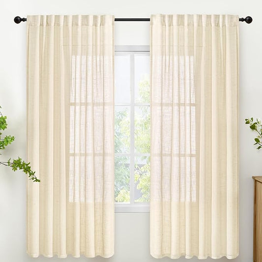 YoungsTex Beige Linen Semi Sheer Curtains 72 Inch Length for Living Room, Cream Light Filtering Window Drapes Textured Rustic with Rod Pocket Back Tab for Bedroom, 2 Panels, 52 X 72 Inch